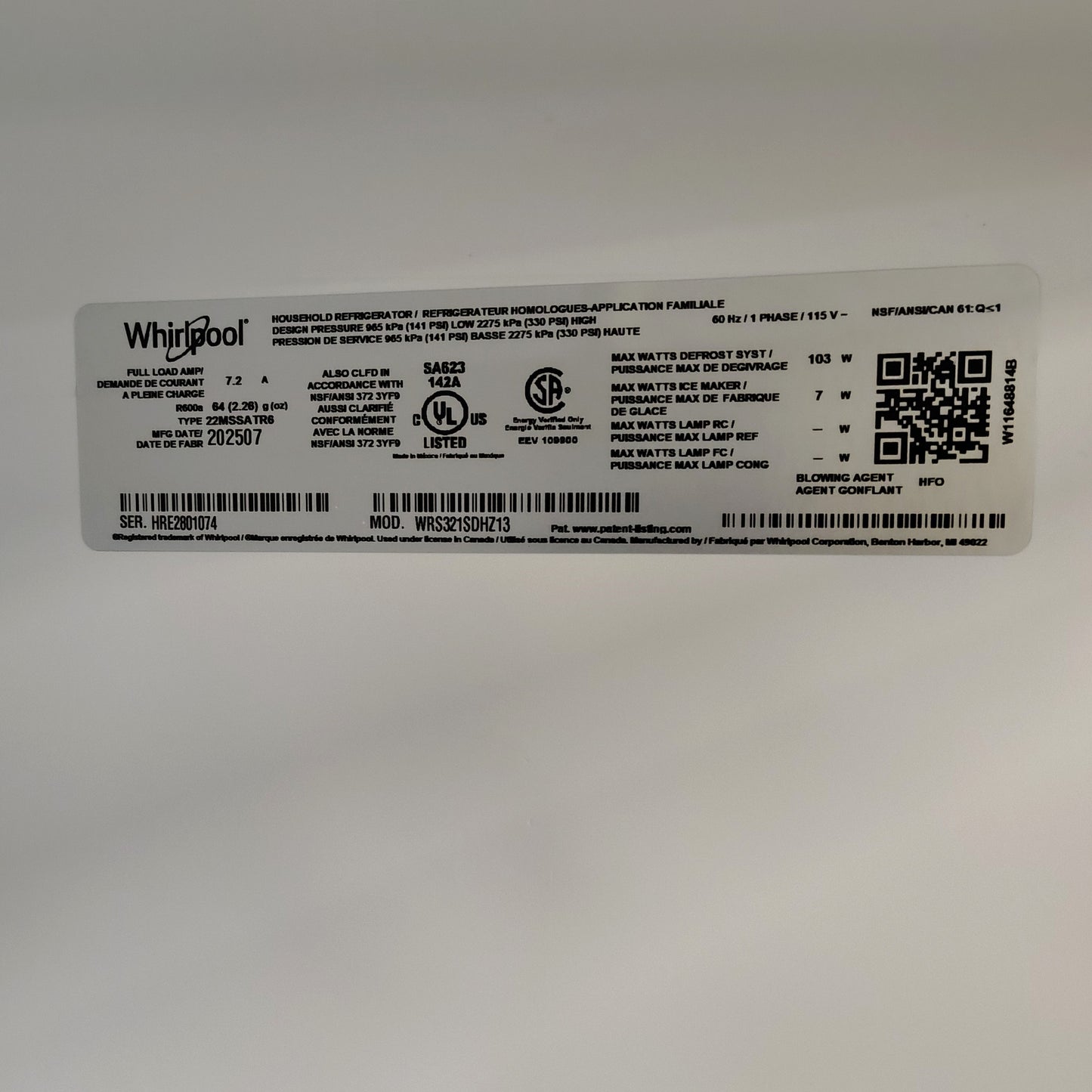 Whirlpool 21.4 cu. ft. Side by Side Refrigerator in Fingerprint Resistant Stainless Finish WRS321SDHZ13