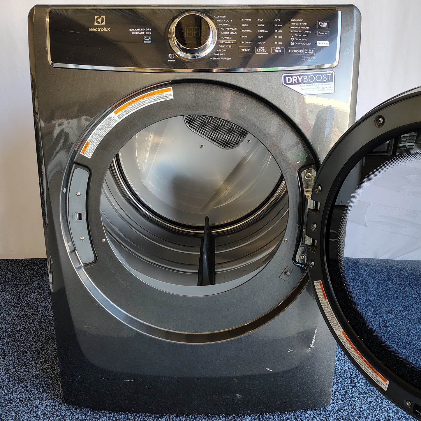 Electrolux 8 cu. ft. Front Load Stackable Electric Dryer in Titanium with LuxCare Dry and Perfect Steam ELFE7637AT